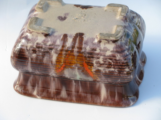 MCM vintage covered dish or box, Germany drip glaze pottery, mod flower
