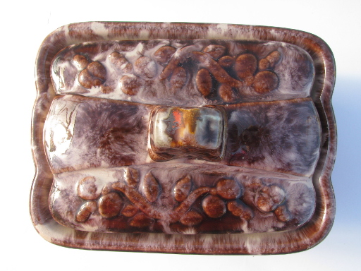 MCM vintage covered dish or box, Germany drip glaze pottery, mod flower