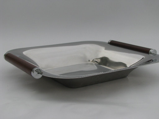 MCM vintage stainless steel square bowl w/ rosewood handles, retro mod