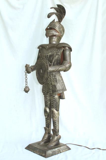 medieval knight armor, vintage art metal tall statue / night light lamp