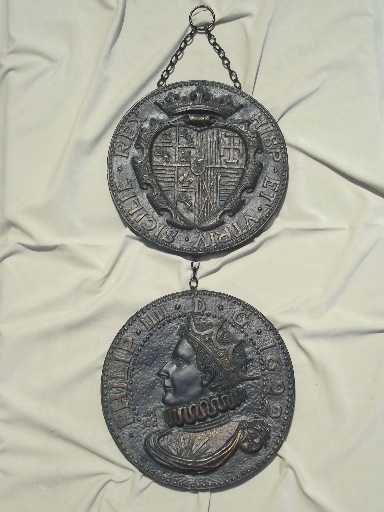 Medieval Spanish coins wall art hanging, 60s vintage gothic style plaques