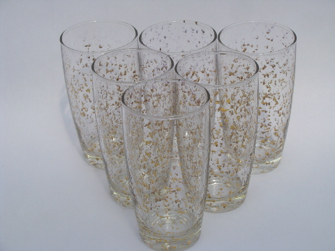 Metallic gold spangle flecked spatter pattern glasses, mid-century mod vintage