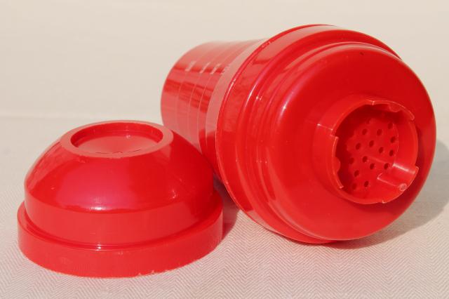 mid century mod Shel - Glo lipstick red plastic cocktail shaker mixer w/ juice reamer