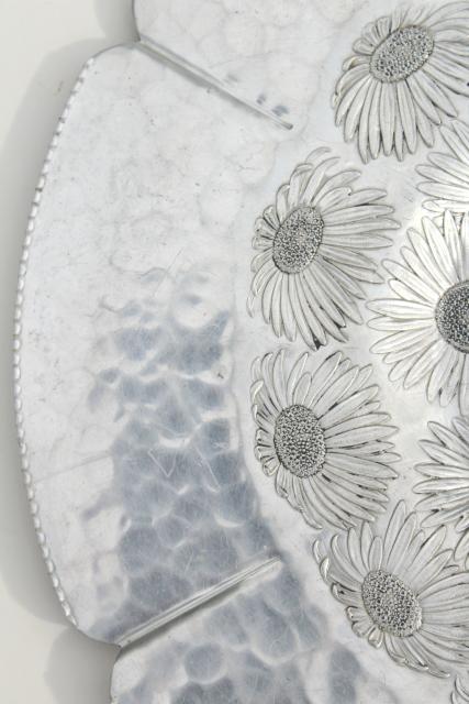 mid century modern wrought aluminum serving tray, large round plate w/ daisies or mums