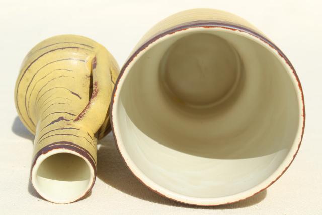 mid century vintage West Germany art pottery vases, yellow birch tree bark mod design