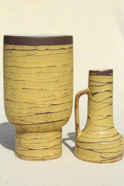 mid century vintage West Germany art pottery vases, yellow birch tree bark mod design