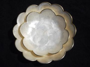 Mid-century mod flower shape capiz shell bowls, lacquerware style w/gold