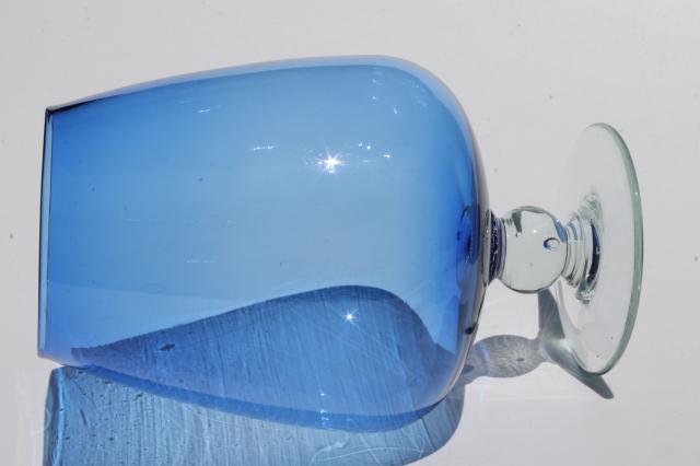 mid-century mod glass cocktail drinks set, cobalt blue clear stemmed glasses & pitcher