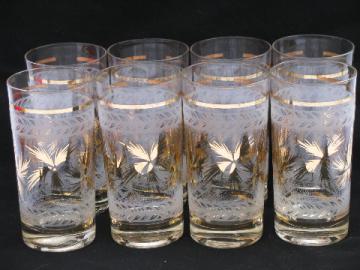 Mid-century mod gold sunburst pattern glasses, set of 8 tall tumblers