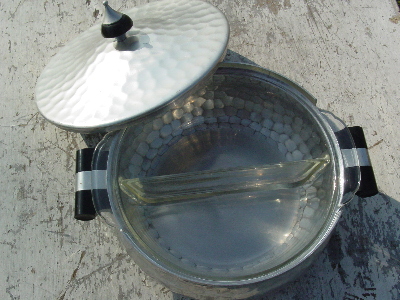 Mid-century mod hammered aluminum covered dish, Spain