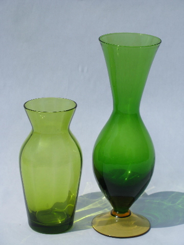 Mid-century mod retro green glass vases, hand-blown art glass