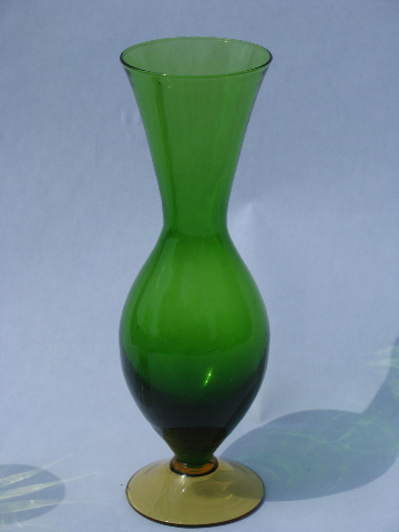 Mid-century mod retro green glass vases, hand-blown art glass