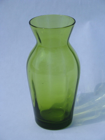 Mid-century mod retro green glass vases, hand-blown art glass