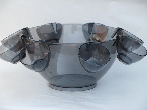 Mid-century mod smoke grey plastic punch bowl set w/ spinner, cups