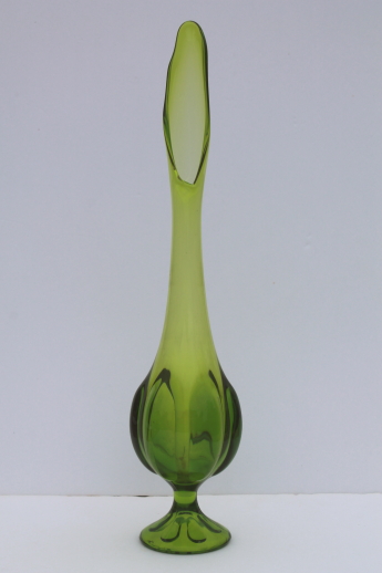 Mid-century mod tall swung shape glass vase, retro 60s lime green art glass