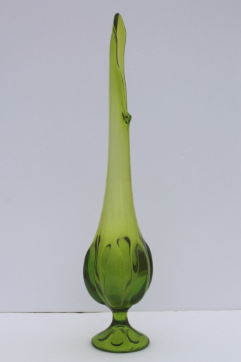 Mid-century mod tall swung shape glass vase, retro 60s lime green art glass