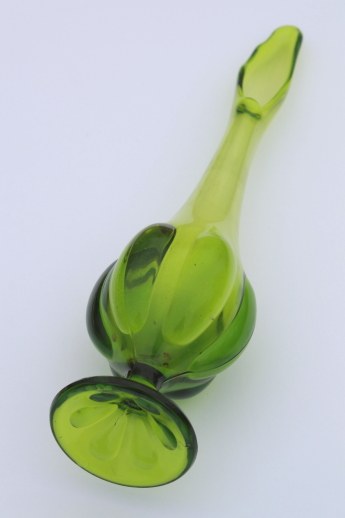 Mid-century mod tall swung shape glass vase, retro 60s lime green art glass