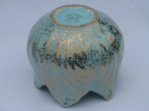Mid-century mod turquoise & gold spatter flower pot planter, retro art pottery