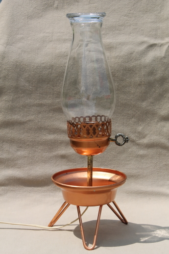 Mid-century mod TV lamp, retro vintage copper bowl tripod lamp w/ shade