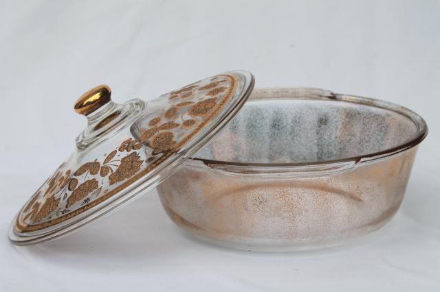 mid-century mod vintage Culver gold Fire King glass casserole dish w/ retro stand