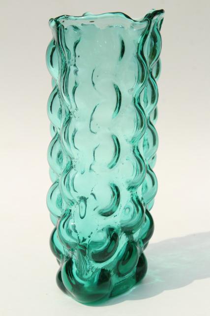 mid-century mod vintage bubble hand blown Blenko art glass vase in aqua green 