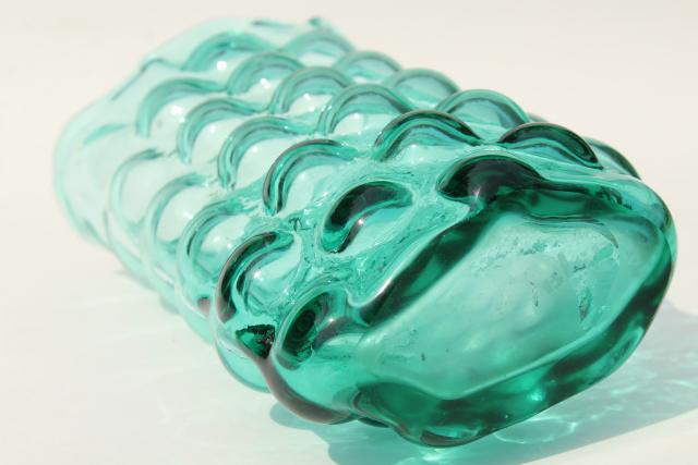 mid-century mod vintage bubble hand blown Blenko art glass vase in aqua green 