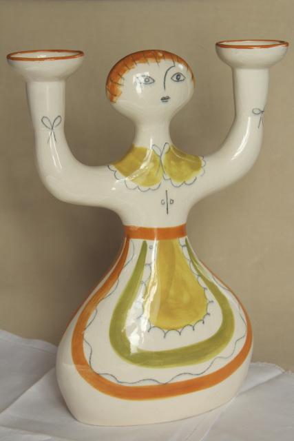 mid-century mod vintage ceramic candle holder, USA pottery girl w/ branching arms