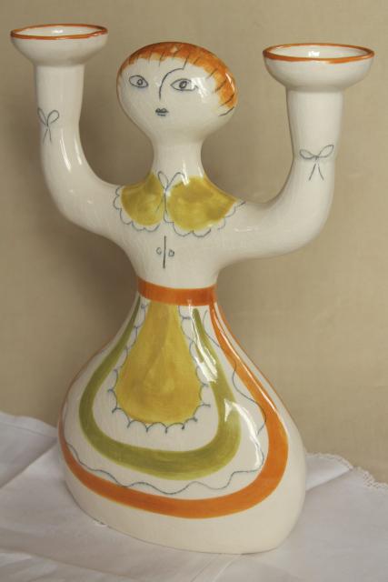 mid-century mod vintage ceramic candle holder, USA pottery girl w/ branching arms