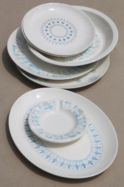 mid-century mod vintage china dinnerware, mismatched modern design pottery in shades of blue