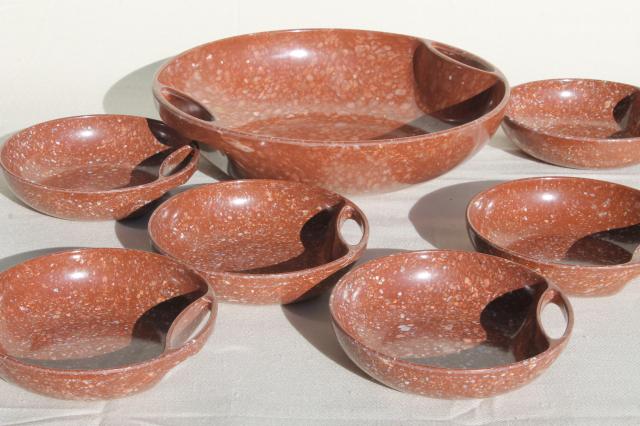 mid-century mod vintage confetti melmac salad bowls set, multicolor spatter Aztec Ware