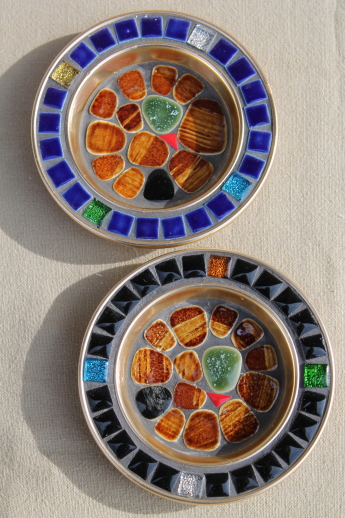 Mid-century mod vintage drink coasters set with colored mosaic work, made in Japan