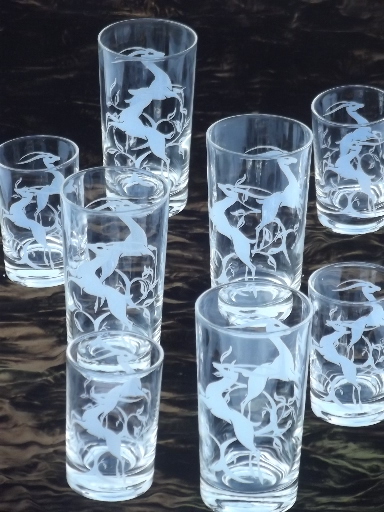 Mid-century mod vintage drinking glasses,  leaping gazelle bar glass set
