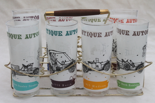 Mid-century mod vintage glasses in carrier rack, antique autos drinking glasses set