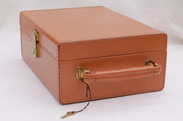 mid-century mod vintage leather suitcase portable travel bar train case w/ key