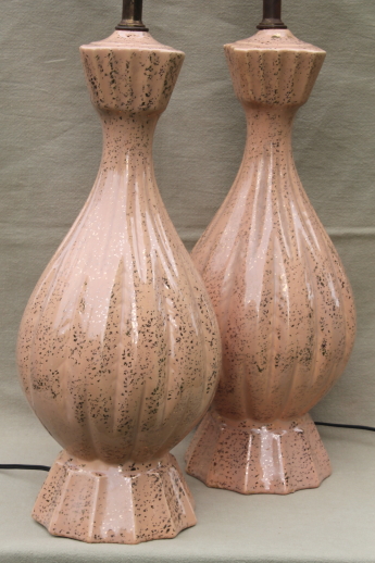 Mid-century mod vintage melon shape ceramic table lamps in pale apricot & gold