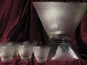 Mid-century mod vintage Norse prismatic ribbed glass punch bowl and glasses