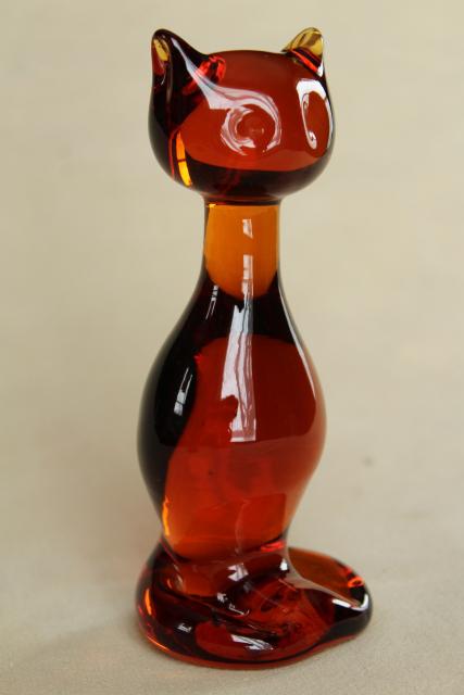 mid-century mod vintage paperweight, Viking glass amber cat figurine