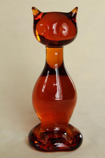 mid-century mod vintage paperweight, Viking glass amber cat figurine