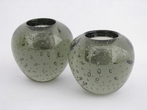 Mid-century mod vintage Sweden smoke grey controlled bubbles glass  candlesticks