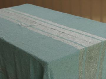 mid-century mod vintage tablecloth, Chicago Weaving silver shot aqua fabric