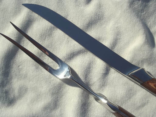 Mid-century mod vintage teak handled carving set, stainless knife & fork