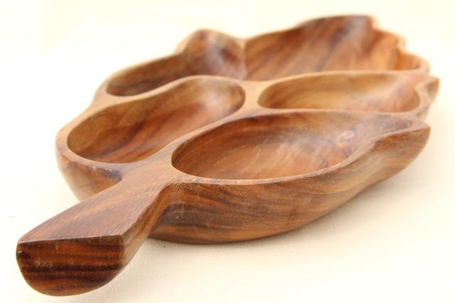mid-century mod wood bowl w/ divided sections for snacks, tiki bar retro vintage serving dish