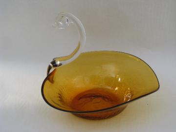 Mid-century modern art glass swan dish, amber / crystal