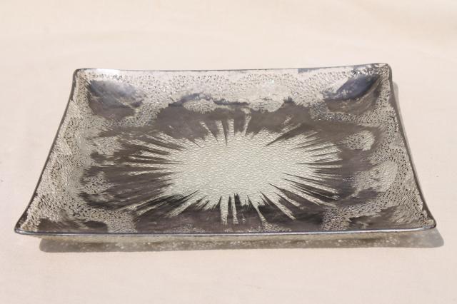 mid-century modern art glass tray, Dorothy Thorpe studio bent formed glass w/ applied silver 