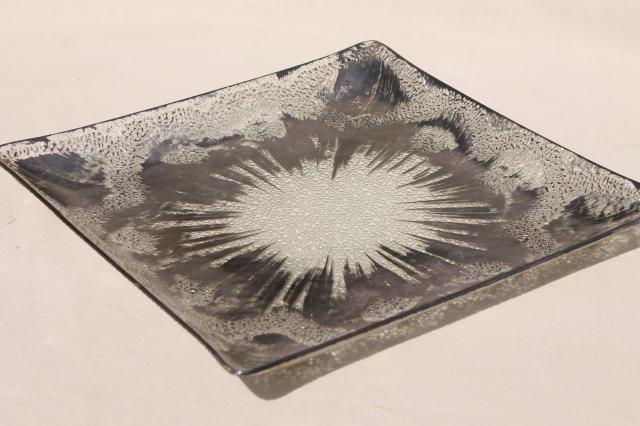 mid-century modern art glass tray, Dorothy Thorpe studio bent formed glass w/ applied silver 