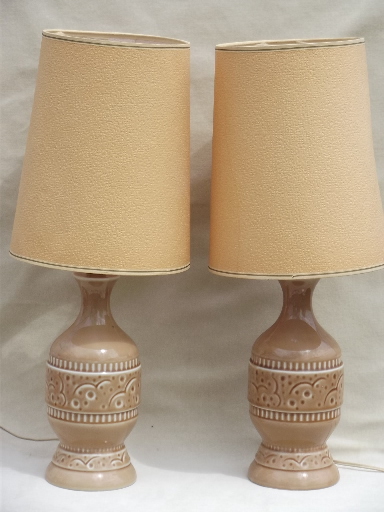 Mid-century modern pottery table lamps pair w/ original vintage shades