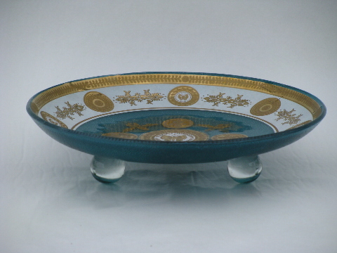 Mid-century modern turquoise/gold Briard glass footed dish