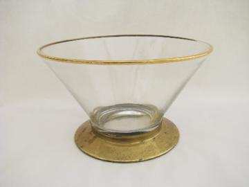 Mid-century modern vintage 50s-60s mod glass punch bowl, gold band, metal base