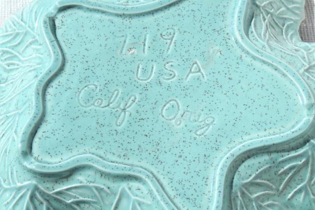 mid-century modern vintage California pottery chip & dip set, aqua / gold leaf shaped bowls