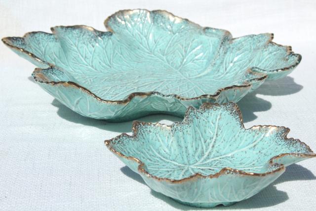 mid-century modern vintage California pottery chip & dip set, aqua / gold leaf shaped bowls